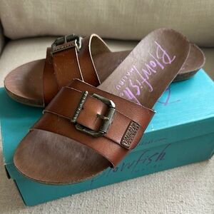 Tan Brown metal buckle slide sandals